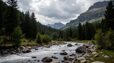 a beautiful shot of a rocky mountain surrounded by greenery under a clear cloudy sky