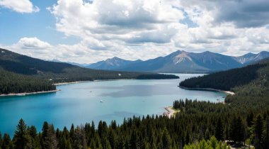 a beautiful shot of a lake surrounded by mountains and forest under the cloudy sky