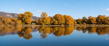 Arka planda bir göl olan sonbahar manzarası