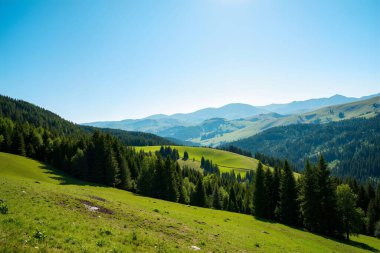 Yeşil dağları ve mavi gökyüzü olan güzel bir manzara.