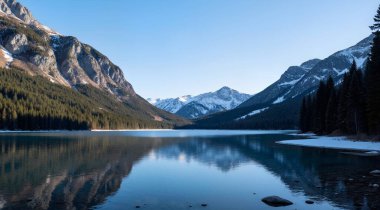 Göl ve dağlarla dolu güzel bir manzara.