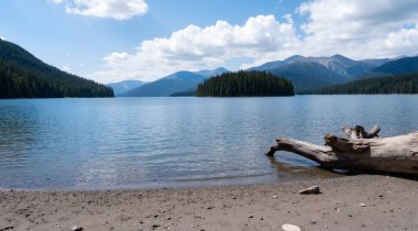 Arka planda göl olan güzel bir manzara.