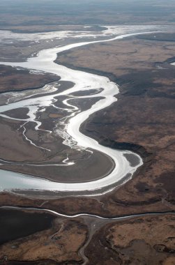 aerial drone view of the river in the winter landscape