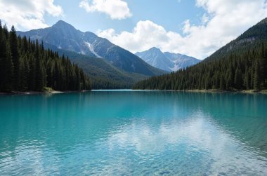 Göl ve dağlarla dolu güzel bir manzara.