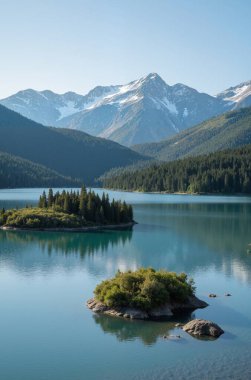 Göl ve dağlarla dolu güzel bir manzara.