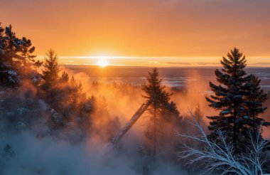 Kış gündoğumu karlı dağların üzerinde