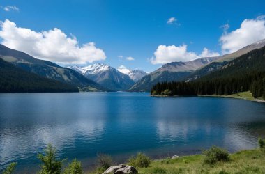 Göl ve dağlarla dolu güzel bir manzara.