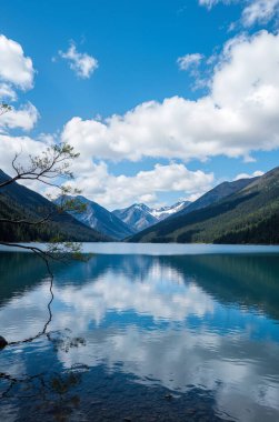 Göl ve dağlarla dolu güzel bir manzara.