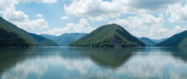 Dağlar ve ormanlarla kaplı göl manzarası