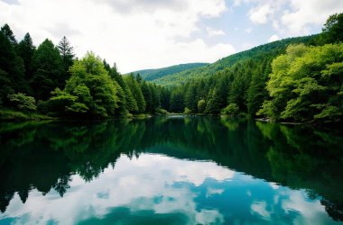 Göl ve dağlarla dolu güzel bir manzara.