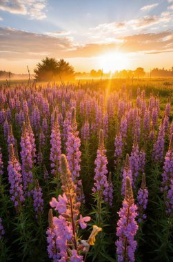 gün batımında mor lupin çiçekleri ve lupin tarlası