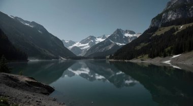 Göl ve dağlarla dolu güzel bir manzara.