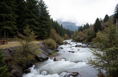 Ormanın ortasında küçük bir şelale olan bir nehir.