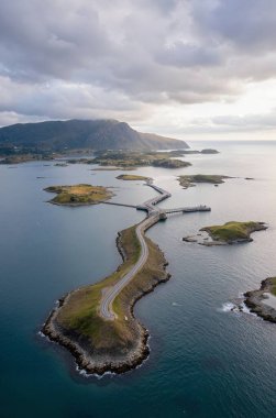 Bulutlu bir gökyüzünün altında denizin ortasındaki küçük bir adanın dikey görüntüsü.