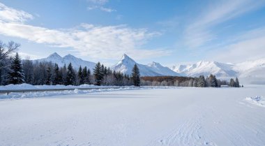 Güzel bir karlı göl görüntüsü karla kaplı dağlarla kaplı kışın bulutlu gökyüzünün altında.