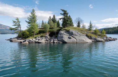 Kayalık kıyısı olan güzel bir göl görüntüsü.