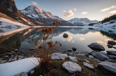Göl ve dağlarla dolu güzel bir manzara.