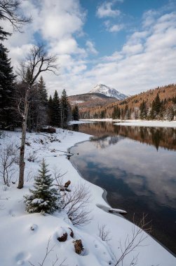 Ağaçlar ve dağlarla gölün kış manzarası