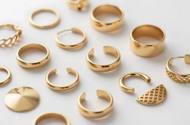 Beyaz arkaplanda altın bir yüzük.