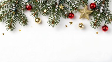 Noel arkaplanı köknar ağacı ve beyaz arka planda altın süslemeler.