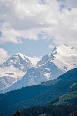 Kar kaplı dağlarla kaplı güzel bir dağ manzarasının dikey görüntüsü.