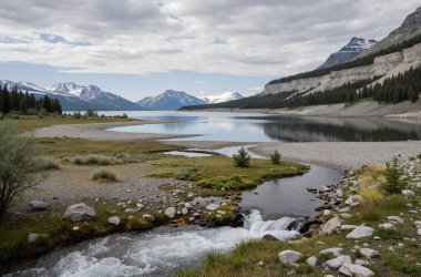 Banff Ulusal Parkı 'nda nehir manzaralı güzel bir dağ manzarası
