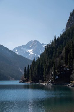 Dağlardaki berrak gökyüzünün altında yeşilliklerle çevrili güzel bir göl görüntüsü.