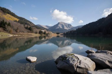 Etrafı ağaçlar ve kayalarla çevrili sakin bir göle yansıyan bir dağ manzarası.
