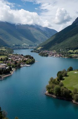 İsviçre 'de göl ve dağ manzarası