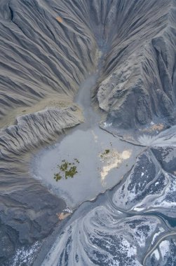 Dağlardaki gölün havadan görünüşü