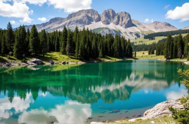Arka planda daima yeşil ağaçlar ve dağlarla çevrili güzel bir dağ gölü.