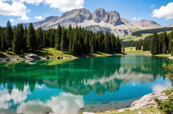 Arka planda daima yeşil ağaçlar ve dağlarla çevrili güzel bir dağ gölü.