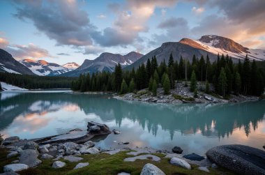 Kanada dağ gölünde gün batımı