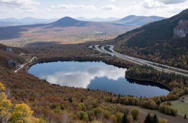 Ağaçlarla çevrili güzel bir gölün dikey görüntüsü.