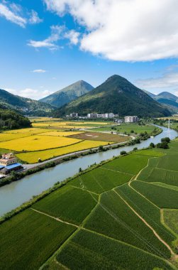 Dağlardaki nehir vadisinin güzel manzarası.