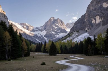 Ormanı ve bulutlu mavi gökyüzü olan kayalık bir dağ yolunun güzel manzarası.