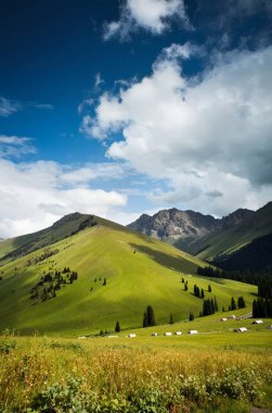 Dağları ve mavi gökyüzü olan güzel bir manzara.