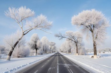 Karla kaplı yol, ağaçlar, orman ve mavi gökyüzü ile kış manzarası