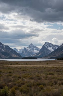 Bulutlu bir gökyüzünün altında yeşilliklerle çevrili güzel bir dağ gölü görüntüsü.