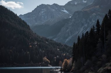 Dağlarda nehri olan güzel bir manzara.