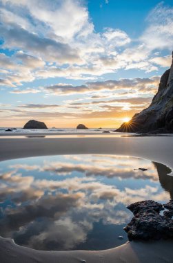 Sahilde güzel bir gün batımı. Su üzerinde kayalar yansıyor.