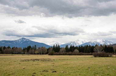 Yeşil çimenleri ve bulutlu gökyüzü olan güzel bir dağ görüntüsü.