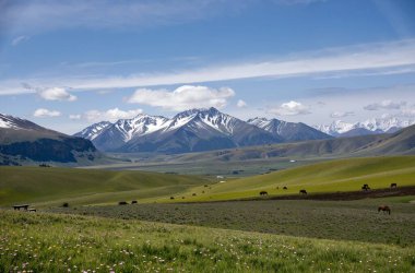 Dağları ve bulutları olan güzel bir manzara