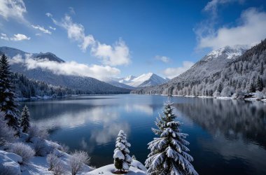 Karla kaplı ağaçlarla kaplı güzel kış manzarası