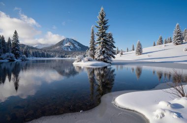 Dağlarda, karlarda ve ormanlarda gölü olan kış manzarası