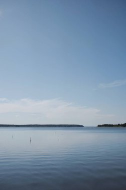 Mavi gökyüzünün altında ormanla çevrili güzel bir göl manzarası.