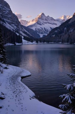 Göl ve karlı güzel kış manzarası
