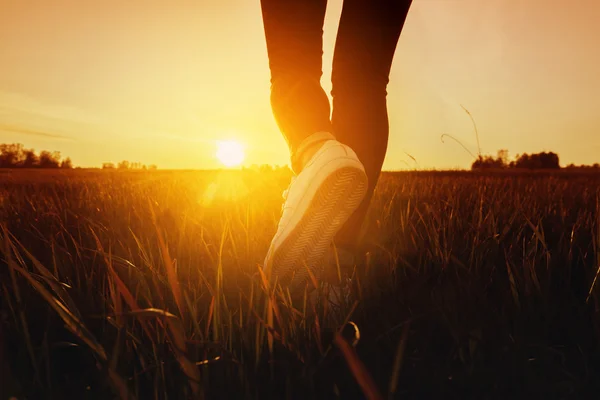 Jambes marchant sur l'herbe — Photo