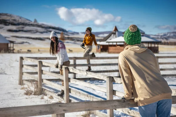 Young girls friends having fun at first snow — Stock Photo, Image