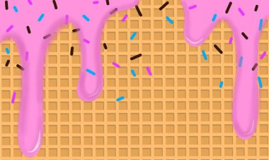 Damlayan Pembe Cam ve Wafer desenli Dondurma Konisi Vektör İllüstrasyonu. Soyut Gıda Arkaplan Tasarımı.